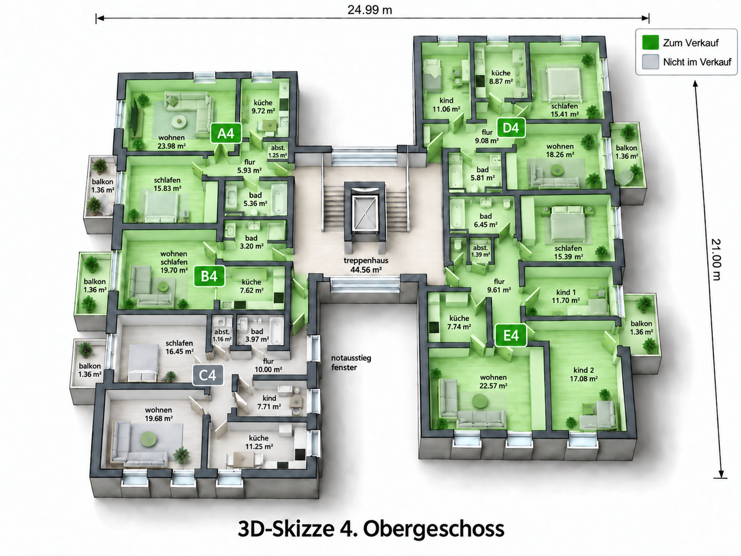 Korrigierte 3D-Ansicht 4. Obergeschoss mit Wohnung D4