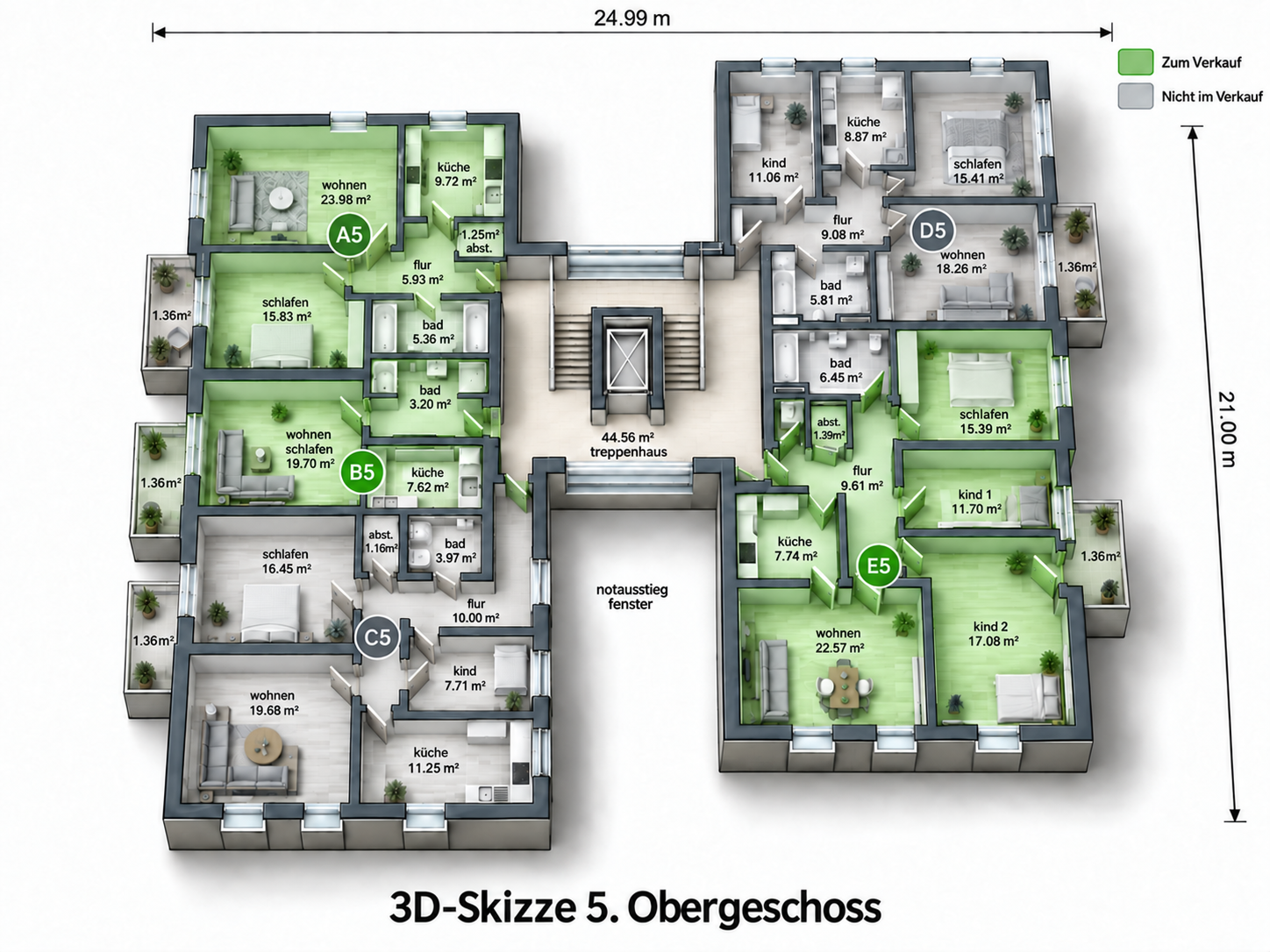 Korrigierte 3D-Ansicht 5. Obergeschoss mit Wohnung A5