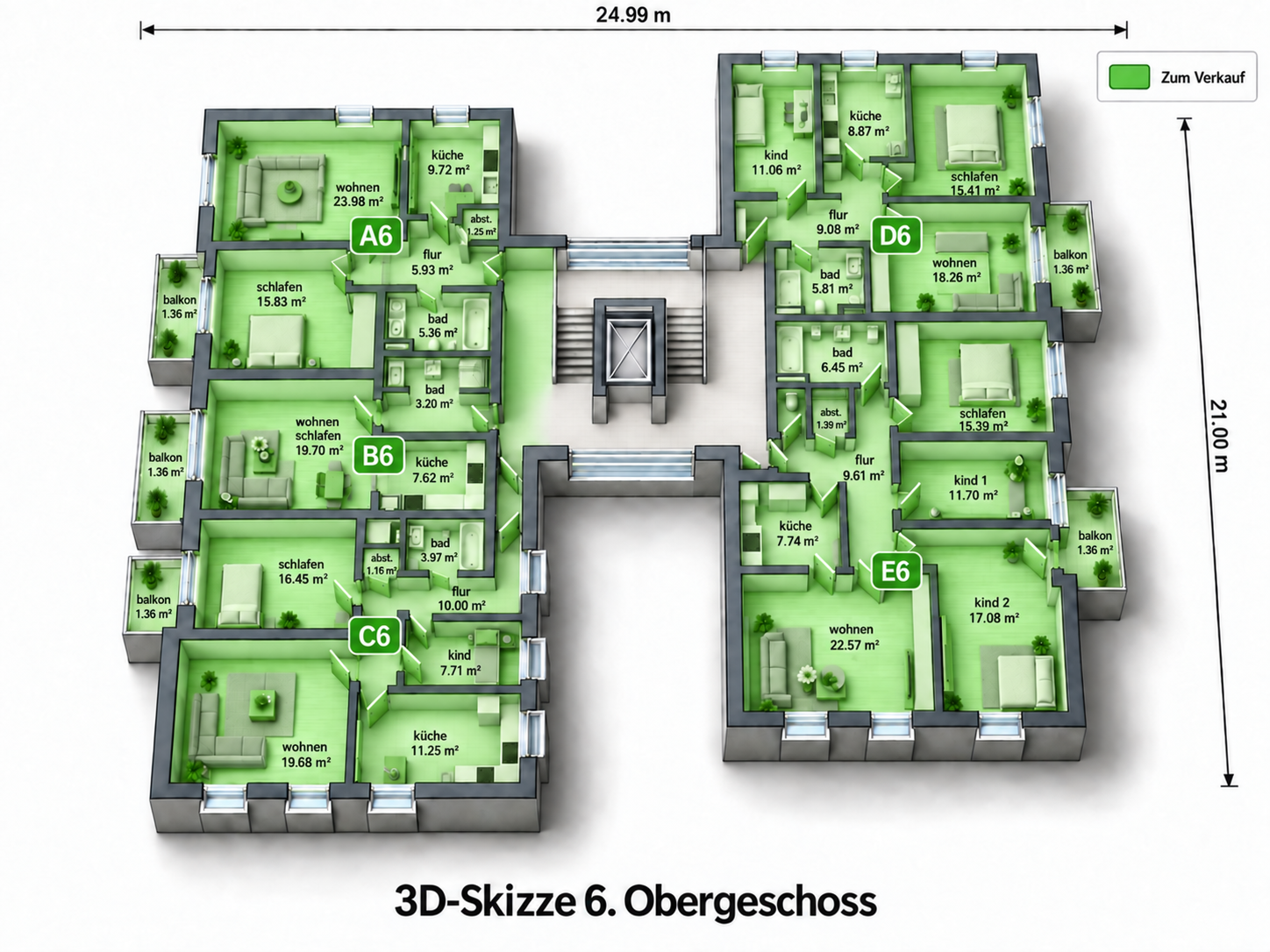 Korrigierte 3D-Ansicht 6. Obergeschoss mit Wohnung A6