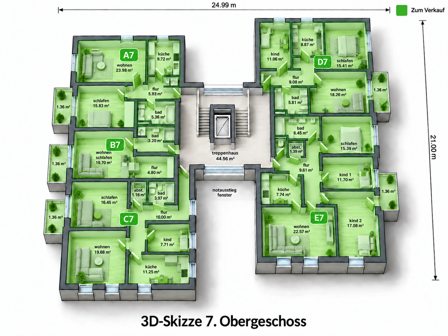 Korrigierte 3D-Ansicht 7. Obergeschoss mit Wohnung A7
