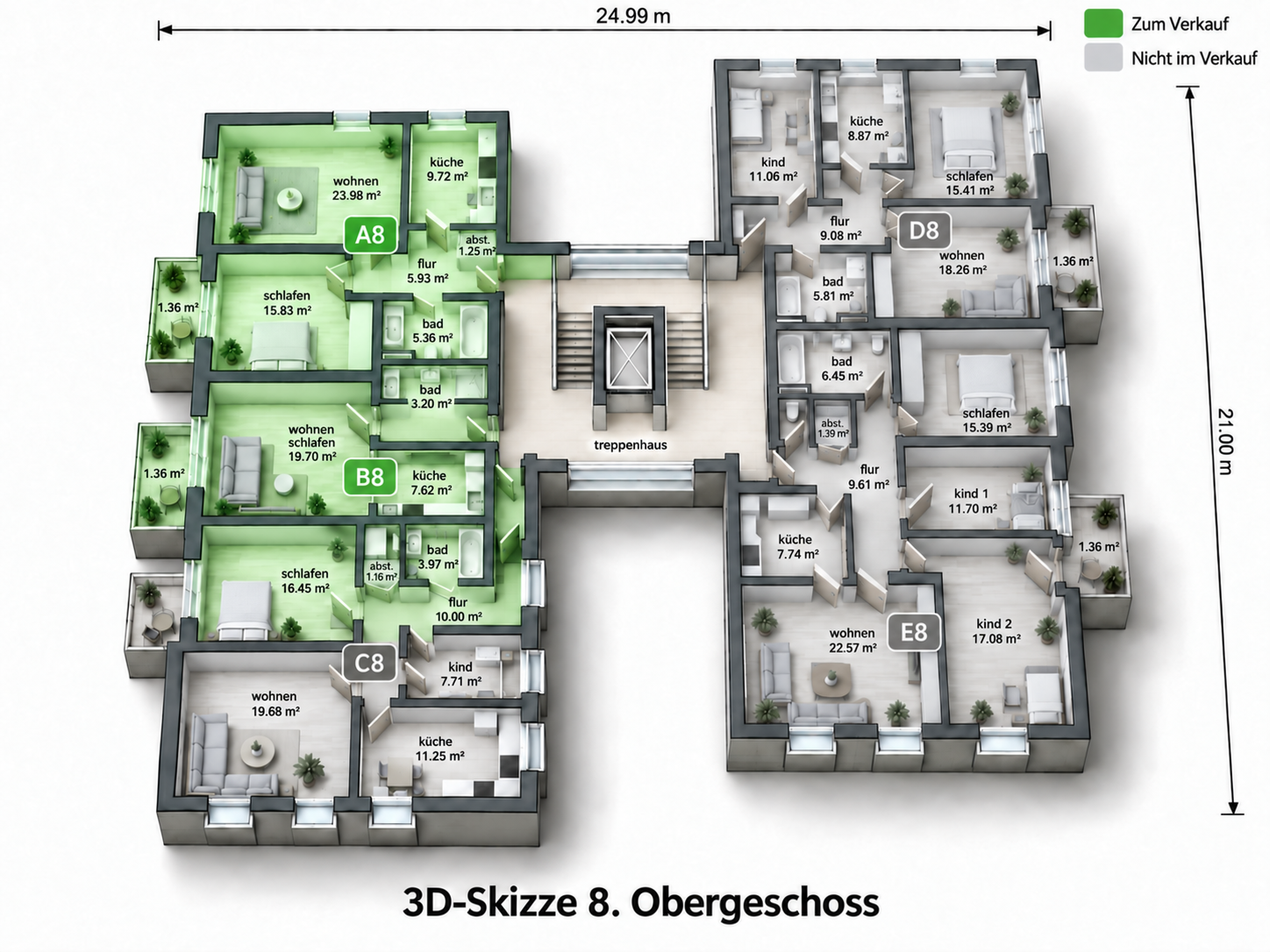 Korrigierte 3D-Ansicht 8. Obergeschoss mit Wohnung A8