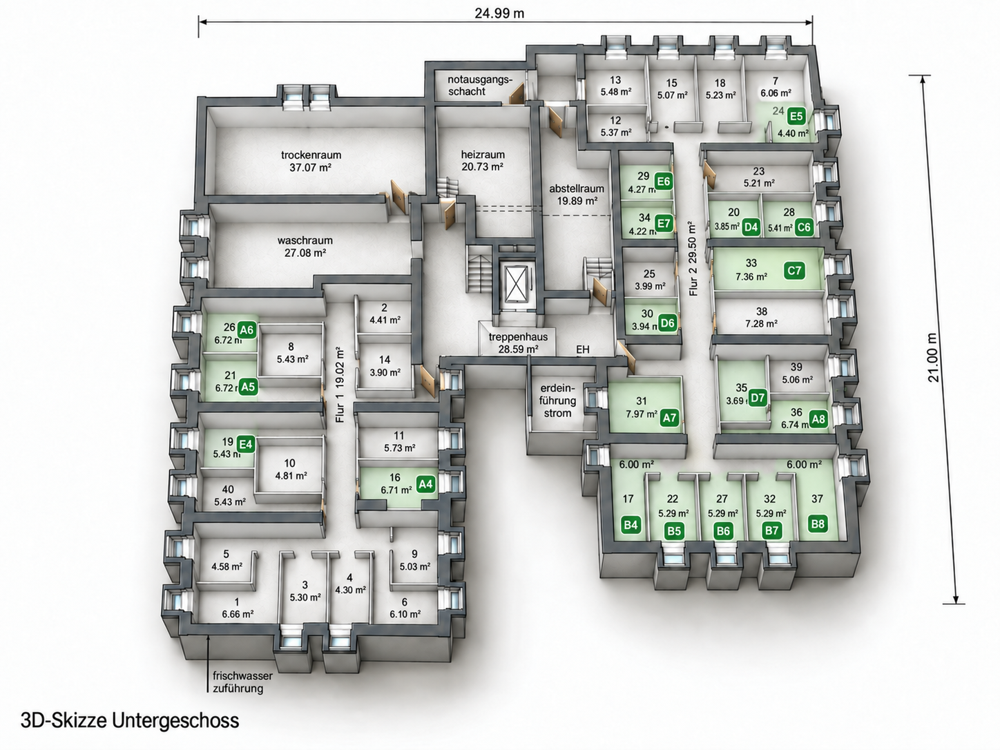 3D-Ansicht des Untergeschosses; Kellerraum 20 für Wohnung D4 ist gold markiert